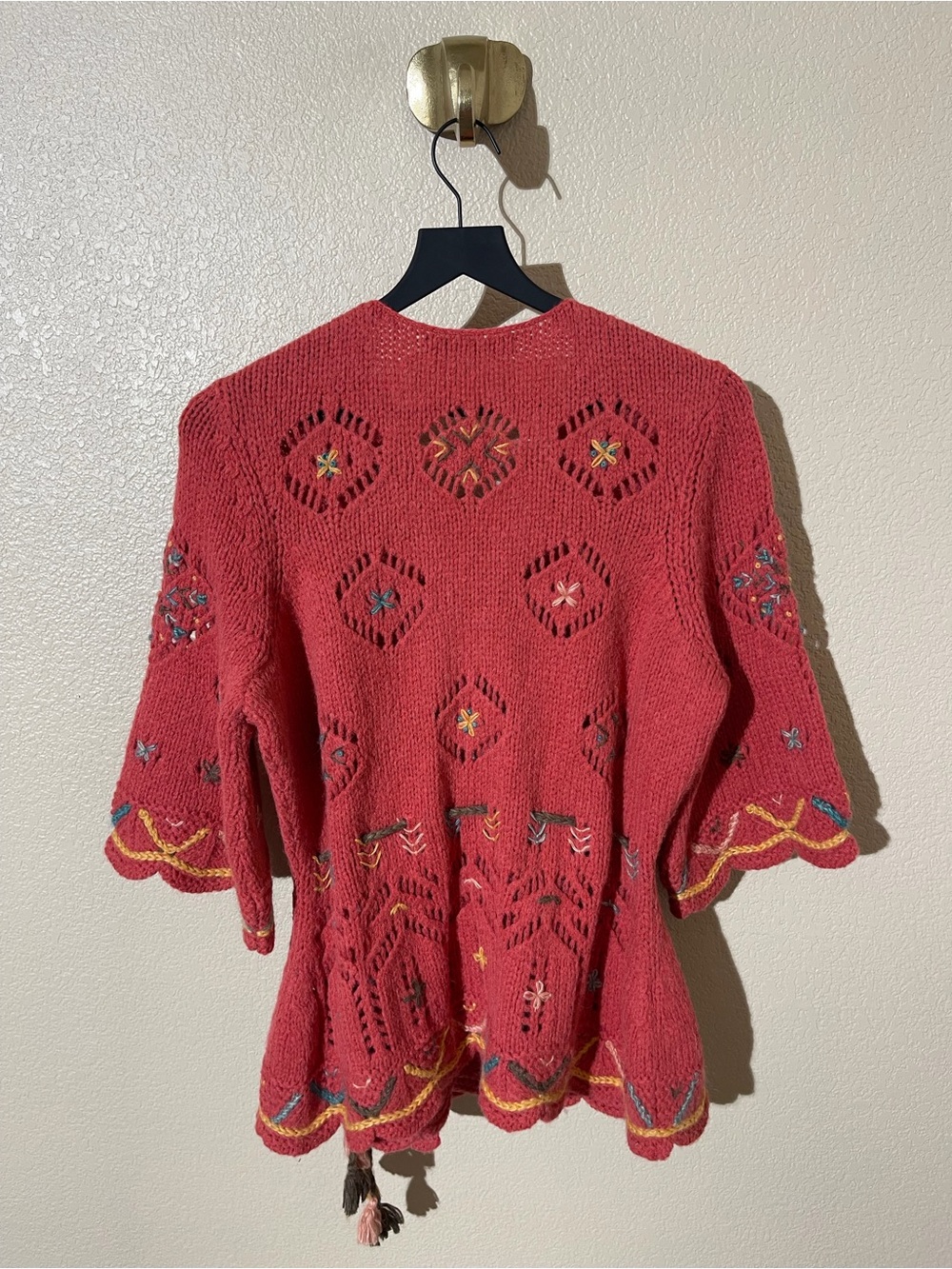 Peruvian Connection Red Embroidered Wrap Cardigan with Tassel Tie - Picture 2 of 6
